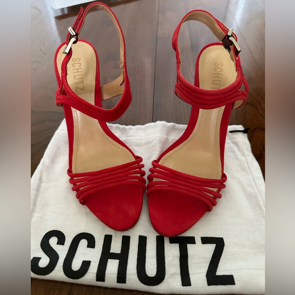 SCHUTZ Women's Brioca Strappy Sandals; color is Club Red, Size 7.5; NWOB